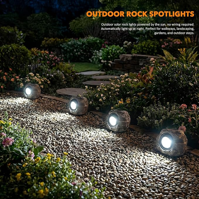 Solar Rock Lights Outdoor – 4 Pack Waterproof LED Landscape Garden Spotlights, Realistic Stone Design, Wireless Solar Powered Pathway Lights for Yard, Walkway, Patio & Lawn Decoration (Auto On/Off)