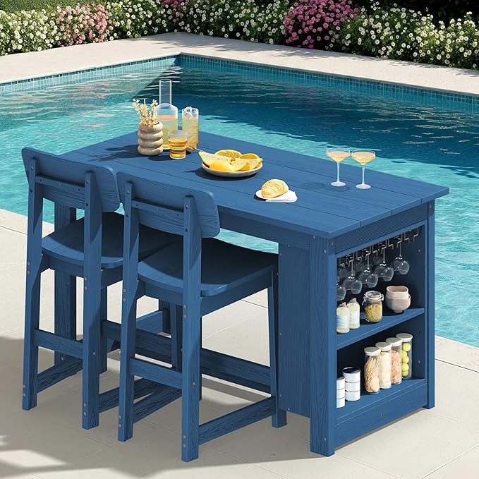 SERWALL 3-Piece Outdoor Counter Height Bar Set, HDPE Patio Bar Table with Wine Rack & Storage Shelf, 2 All-Weather Bar Stools, Patio Bar Dining Furniture Set for 3, Blue