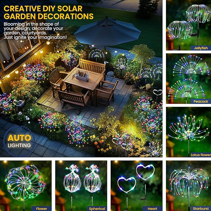 GIGALUMI Garden Decor Outdoor Lights 120LED 8Pack, Solar Garden Lights for Christmas Outside Fairy Firework Decorative,Solar Powered for Yard Pathway Flowerbed Planter Balcony Patio Decor (Multicolar