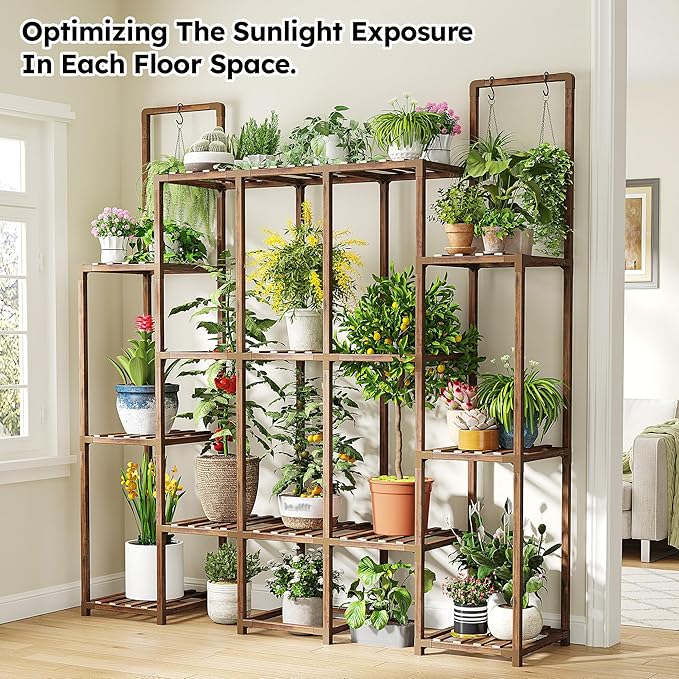 EnHomee Plant Stand Indoor for Multiple Plants Stand Outdoor with 18-22 Potted Double Rod for Hanging Plant Shelf 570 LBS Wood Plants Shelves for Living Room Patio Balcony Yard Garden 56''W×11.6''D×47''H