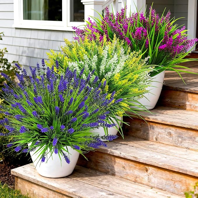 Artificial Plants Outdoor, 20 Pcs Fake Flowers UV Resistant Outdoor Fake Plants, Lavender Artificial Flowers Plastic Fake Faux Flowers Shrubs for Home Porch Garden Yard Window Box (Yellow White)