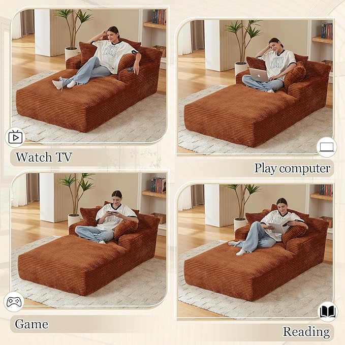 80 Inch Chaise Lounge Chair Indoor, Oversized Corduroy Upholstered Boneless Sofa Bed, Deep Seat Sleeper Couch Reading Chairs, Cloud Sofas Couches for Living Room, No Assembly Required (Brown)