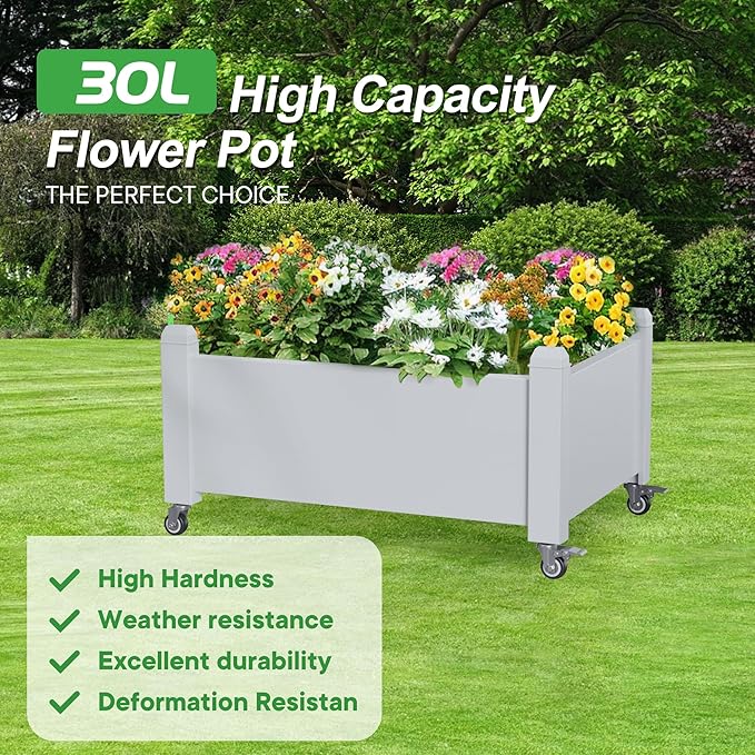 Raised Garden Bed with Wheels, 14 Gallon Self-Watering Raised Planter Box with Drainage Plug & Gauge for Vegetables Flowers Herbs Succulents, Rustproof Resin for Backyard Patio Porch (Ashen)