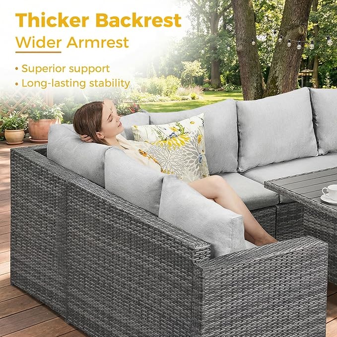 Wisteria Lane 7 Piece Patio Furniture Set, Wicker Patio Sectional with Wide Armrest, All Weather Outdoor Dining Set, Outdoor Furniture Patio Conversation Set with Ottoman, Ash Gray