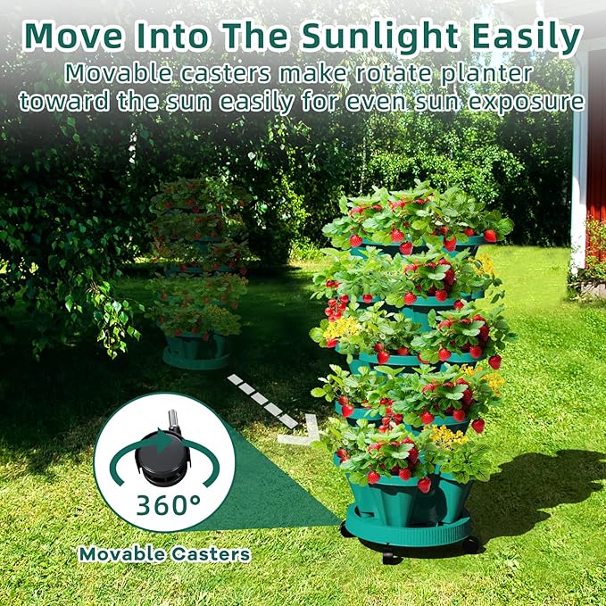 Strawberry Vertical Planters Tower Garden 3 Pack, 7 Tiered Stacking Herb Vegetable Planter with Support Pole Indoor and Outdoor - Hunter Green