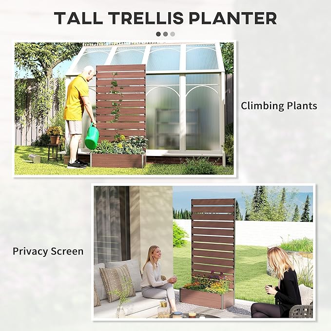 Outsunny Raised Garden Bed with Trellis for Climbing Plants, Planter Box with Self Draining Gap, Freestanding Trellis Planter for Outdoor, Patio, Deck, 35.75" x 15" x 70.75", Light Brown