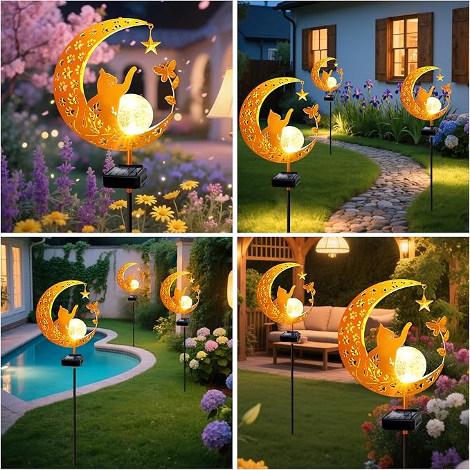 YJFWAL Garden Solar Cat Lights Pathway Stake Lights Glass Globe with Moon Cat Decor, Christmas Gift for Mom Grandma Friends, Outdoor Decor Light Waterproof for Walkway, Patio or Garden (Warm White)