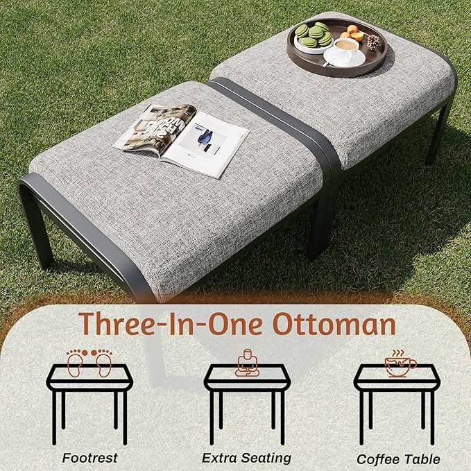 HOMREST Metal Outdoor Ottoman, 2-Piece Aluminum Footstool w/Removable Cushion, Multipurpose Footrest Stool Additional Seating, Set of 2 Outdoor Ottomans for Patio Deck (Grey)