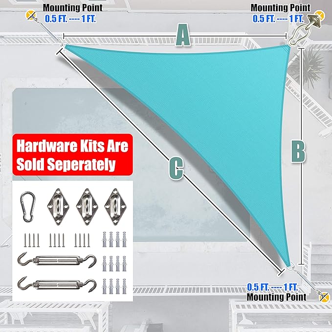 Amgo Custom Size 13' x 24' x 27.3' Turquoise Triangle Sun Shade Sail UPF50+ AGTAPRT12, Order to Make Canopy Awning, 95% UV Blockage, Water & Air Permeable, Commercial Standard (We Customize)