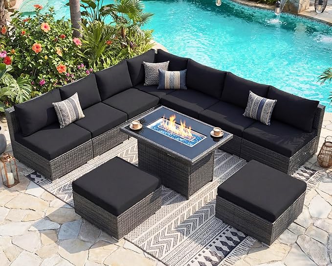 NICESOUL 10 Pcs Outdoor Sectional Set with Natural Gas/Propane Firepit Table, 29.3'' High-Back Patio Furniture Sofa Set, Oversized Rattan Couches for Backyard Garden Lawn, 2 Color Cushion Black & Gray