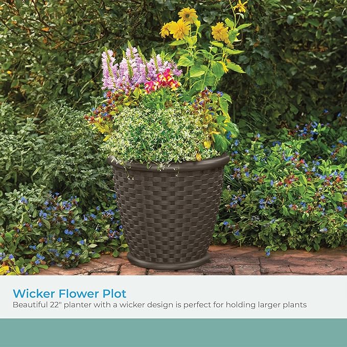 Suncast Sonora 22 Inch Plastic Wicker Indoor or Outdoor Decorative Garden Flower Planter for Entryways, Porch, and Backyard Patios, Dark Brown