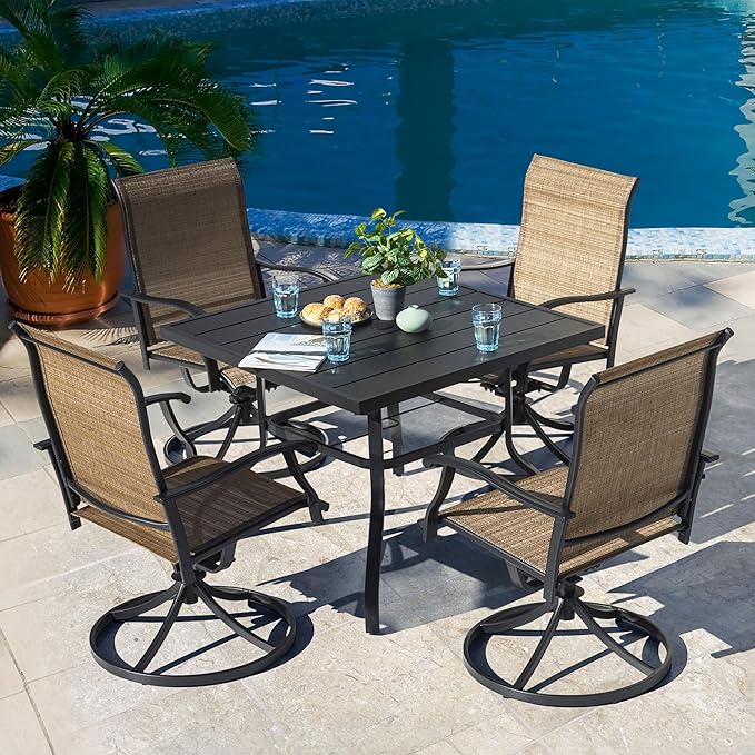 NUU GARDEN Outdoor Patio Dining Set, 4 Swivel Textilene Dining Chairs and 37" Square Dining Table with 1.57'' Umbrella Hole, Powder Coated Iron Frame, for Patio, Garden, Backyard, Black and Brown