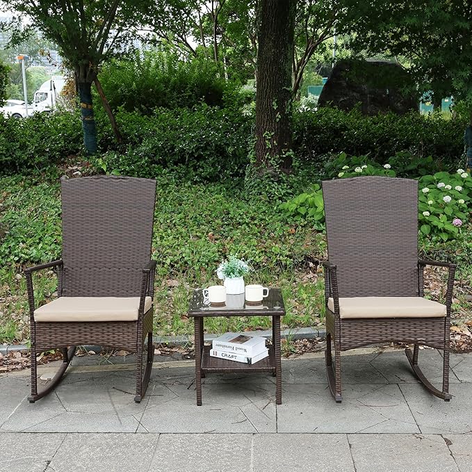 Outdoor Rocking Chair 3 Pieces High-Backed Rocking Chair Patio Rocking Chairs Outdoor Table, Khaki