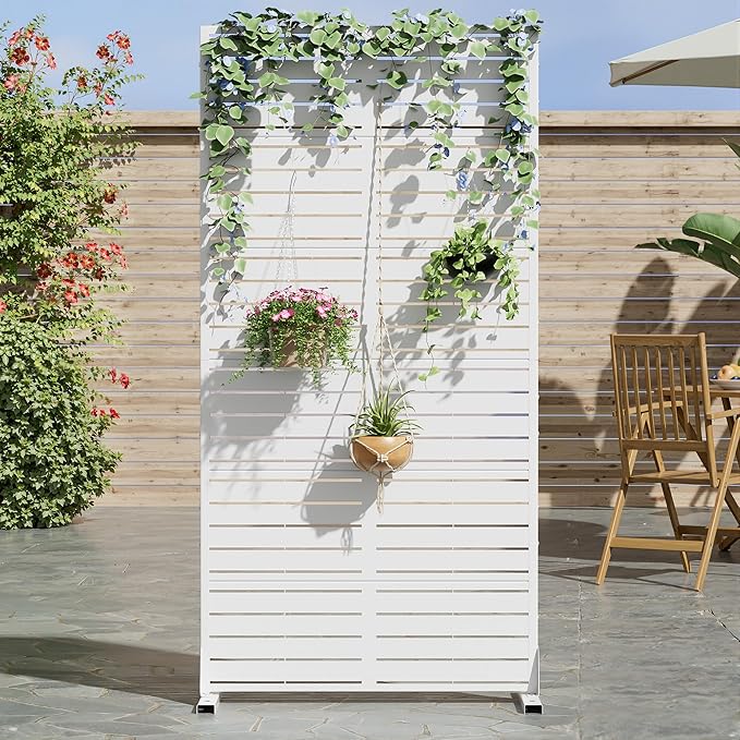 Casaphoria Metal Privacy Screen Outdoor, 72" H x 35" W Freestanding Decorative Privacy Screen for Patio Deck Balcony Garden with Stable Base, White-Louvered