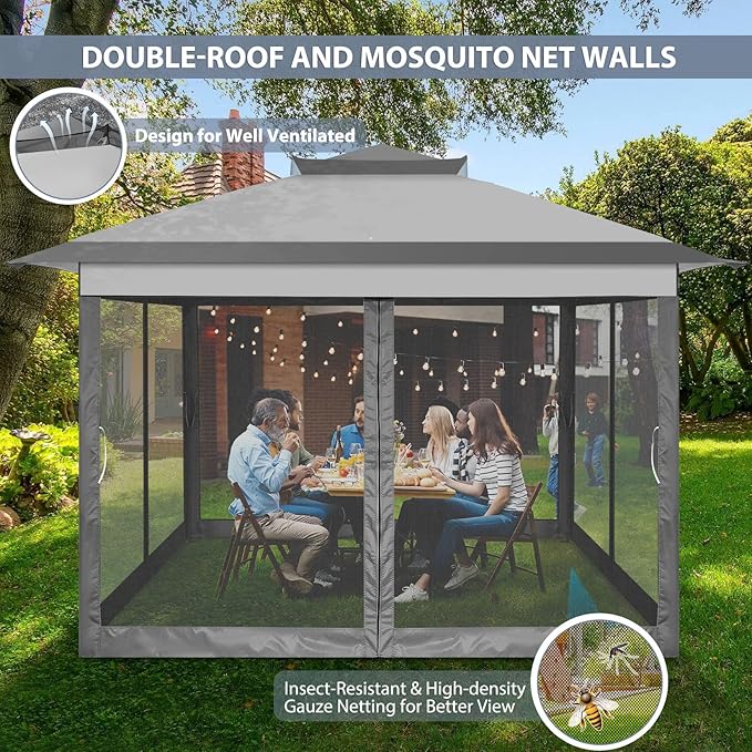COBIZI 11x11 Pop Up Gazebo One-Push Canopy Tent, Carpas Para Patio, Outdoor Canopy Shelter with Double Roof Ventiation 121 Square Feet of Shade for Lawn, Garden, Backyard and Deck, Gray (Upgraded 2.0)