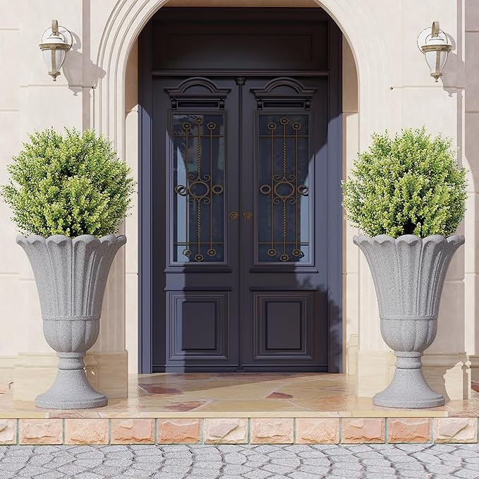 23" Tall Planters for Outdoor Plants Set of 2, Planter with Drainage Holes and Petal Design, Large Outdoor Planters for Porch, Garden, Indoor, Grey