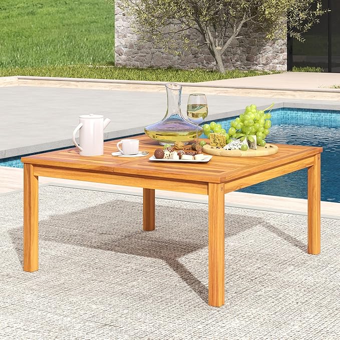 Tangkula Patio Wood Coffee Table, Solid Acacia Wood 35.5 Inches Side Table with Slatted Tabletop, Outdoor Square Table for Backyard, Porch, Balcony