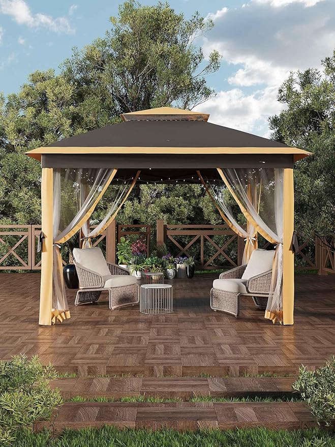 Garveelife 11x11 Pop Up Gazebo Tent with Mosquito Netting, Outdoor Canopy Shelter Easy Setup, Water & UV Resistant - Khaki