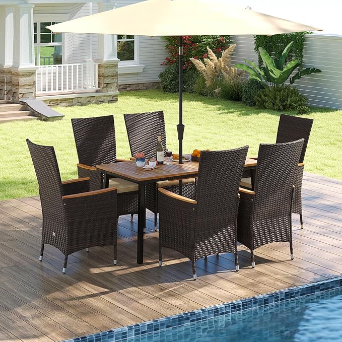 Tangkula 7 Pieces Rattan Outdoor Dining Set for 6, Outdoor Acacia Wood Table Set with 6 Cushioned Wicker Chairs, Umbrella Hole, Patio Dining Furniture Set for Deck Pool Backyard