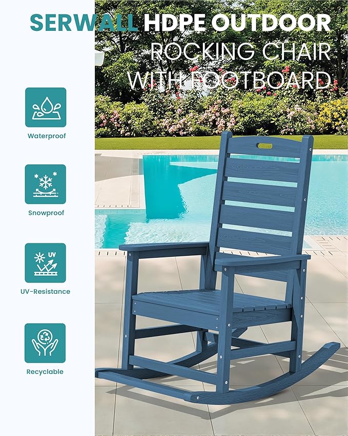 SERWALL Oversized Outdoor Rocking Chair, HDPE Patio Rocking Chair with Footrest for Adults, All Weather Porch Rocker for Deck Patio Balcony, Navy