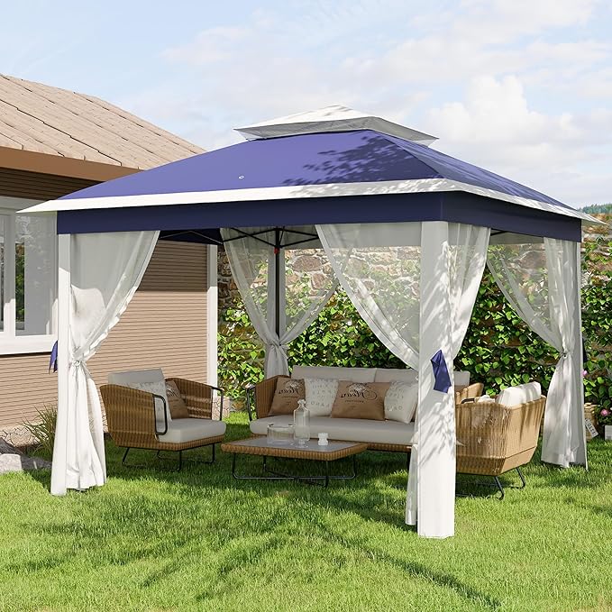 11'x11 Pop-Up Gazebo, Instant Outdoor Canopy Tent with Mosquito Nettings, Durable Steel Frame, Water, and UV Proof, for Patio, Garden, Courtyard, Party (Blue)