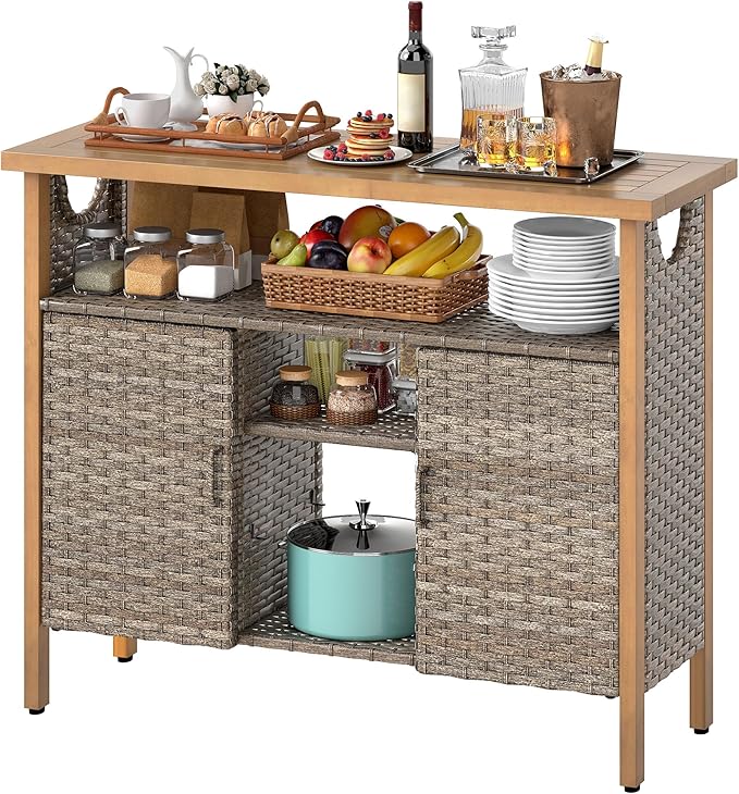 DWVO XL Patio Storage Cabinet, Wicker Outdoor Bar Table with Wood Top,Adjustable Shelves, Patio Sideboard for Outdoor Buffet,Yard, Garden, Kitchen (Brown)