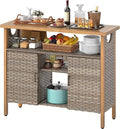 DWVO XL Patio Storage Cabinet, Wicker Outdoor Bar Table with Wood Top,Adjustable Shelves, Patio Sideboard for Outdoor Buffet,Yard, Garden, Kitchen (Brown)