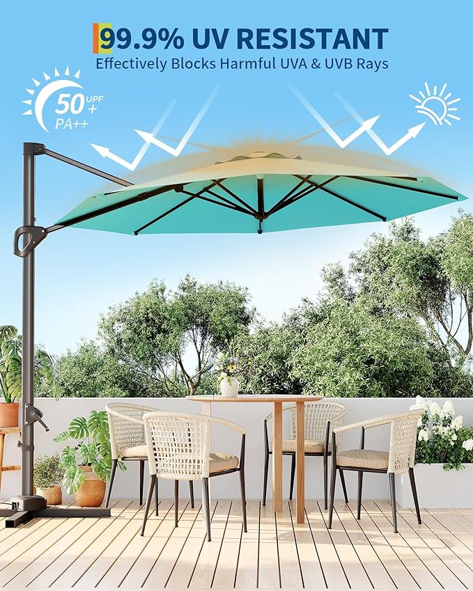 GarveeLife 10 ft Patio Umbrella Outdoor Large Cantilever Umbrella w/Base Included Market Sun Shade Windproof Offset Umbrella with 360-Degree Rotation for Garden Deck Pool Patio, Turquoise Blue