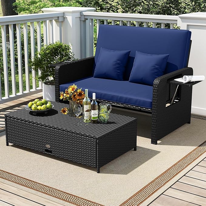 Tangkula Patio Rattan Daybed with 4-Level Adjustable Backrest, Outdoor PE Wicker Loveseat with Storage Ottoman & Folding Side Tray, Double Sunbed Lounger for Balcony, Backyard & Poolside (Navy)