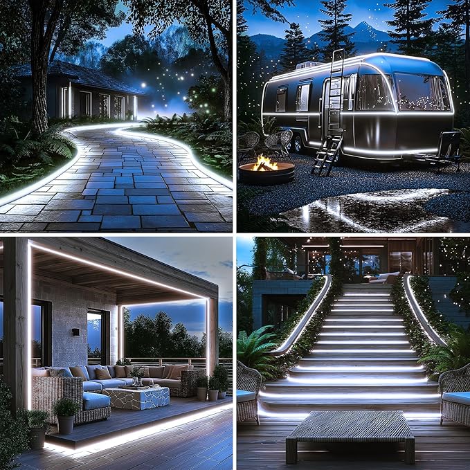 DBFAIRY 50Ft Solar LED Strip Lights Outdoor, Large Capacity Solar Powered Flexible Tape Lights with Remote Dimmable 8 Lighting Modes for Patio Pool Camping Decor, 6000K Cool White