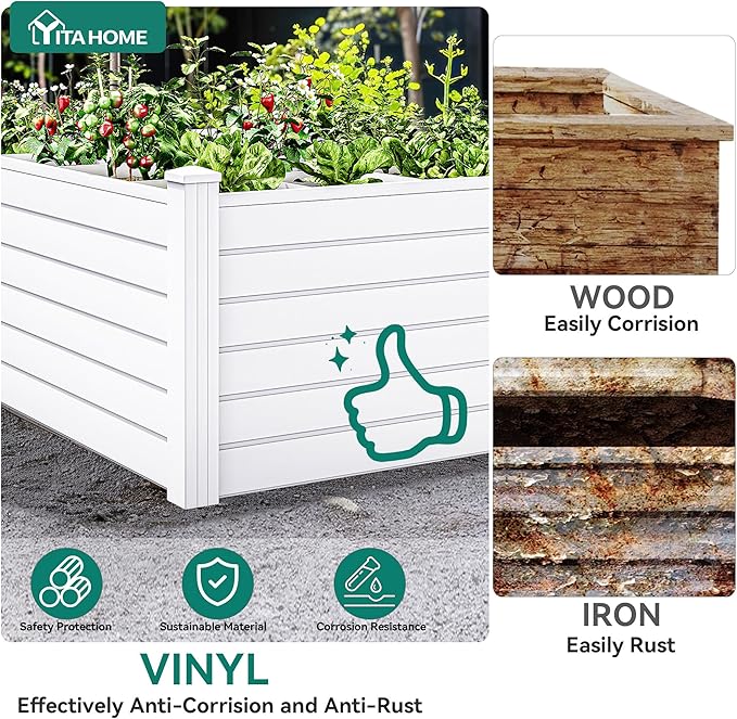 YITAHOME 48x48x24 in Plastic Raised Garden Bed 2pcs with Growth Grid, Large Outdoor Vinyl Planter Box for Plants, Vegetables, and Flowers, Easy Installation, White