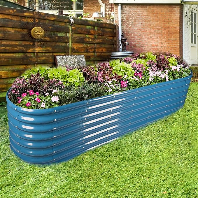 Land Guard 8×2×2ft Galvanized Raised Garden Bed Kit, Raised Garden Boxes Outdoor, Oval Metal Raised Garden Beds for Vegetables, Blue