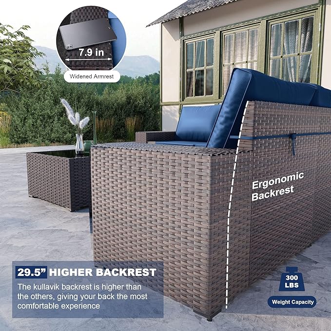 Kullavik 13PCS Outdoor Patio Furniture Set with 43" 55000BTU Gas Propane Fire Pit Table PE Wicker Rattan Sectional Sofa Patio Conversation Sets,Navy Blue