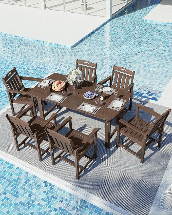 Ciokea HDPE Outdoor Dining Set, 7-Piece Patio Table and Chairs Set with Umbrella Hole, All-Weather Patio Dining Sets for 6, Durable Patio Furniture for Backyard, Garden, Lawn & Poolside, Brown