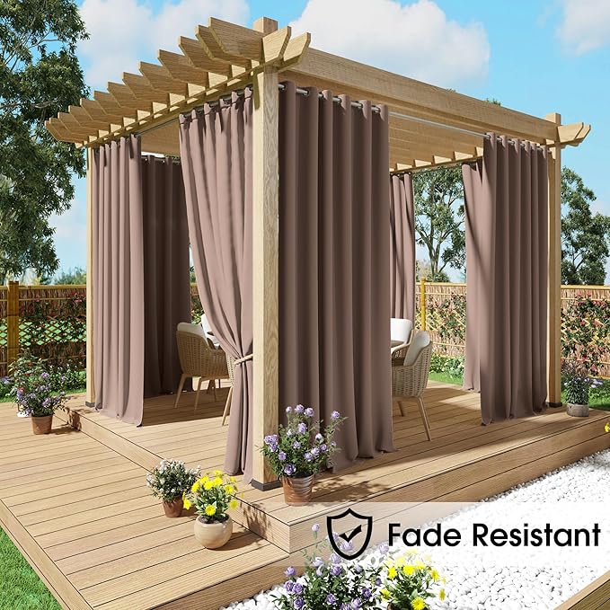 NICETOWN Fade Resistant Patio Curtains Outdoor Waterproof, Fade-Proof Curtains Grade 4 Color Fastness Certified, Thermal Insulated Privacy Sun Shades for Gazebo, Lanai, W52 x L72, Tan, 2 Panels