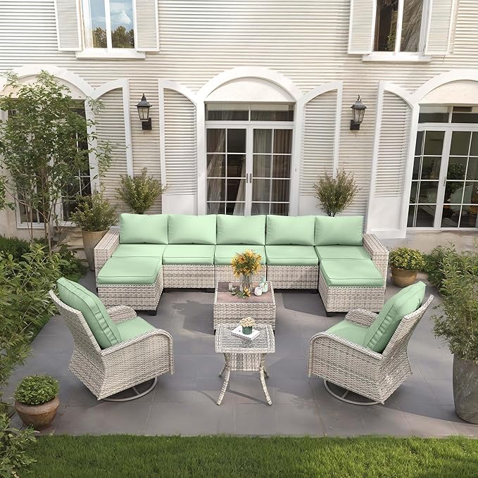 11-Piece Outdoor Patio Furniture Set with Rocking Swivel Chair Wicker Sectional Sofa Set, Patio Conversation Set with Ottomans & Coffee Table for Garden, Backyard, Poolside, Light Green