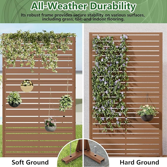 Casaphoria Metal Privacy Screen Outdoor, 72" H x 35" W Freestanding Decorative Privacy Screen for Patio Deck Balcony Garden with Stable Base, Brown-Benjamin