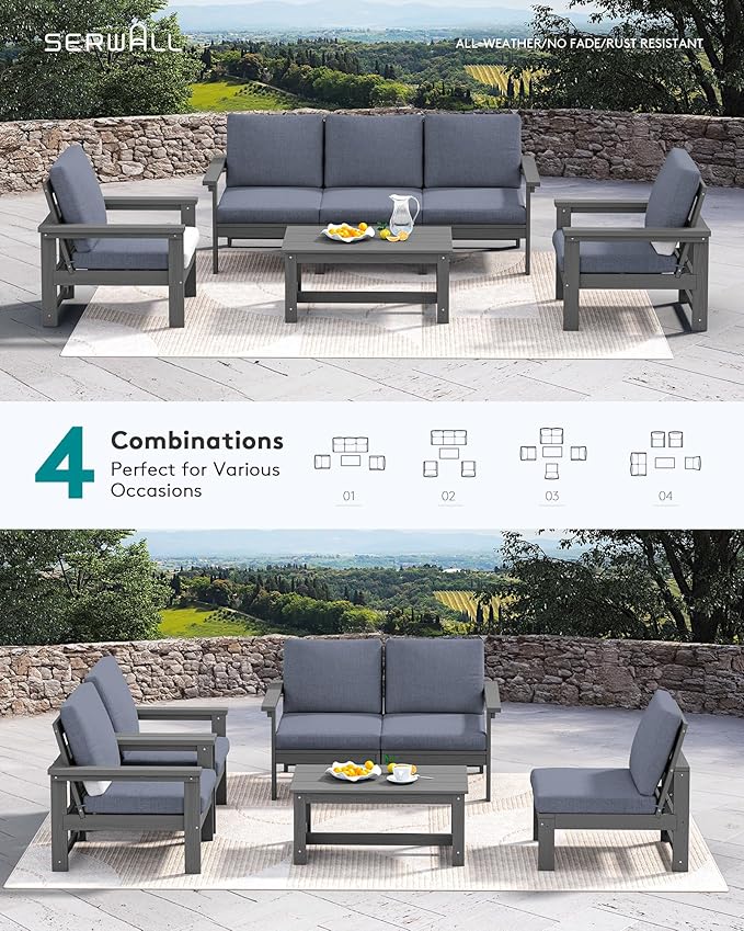 SERWALL HDPE Patio Conversation Set, 6-piece Sectional Outdoor Furniture Set, All Weather Outdoor Couch Set Patio Furniture Set for Deck, Lawn, Blue Frame with Grey Cushion