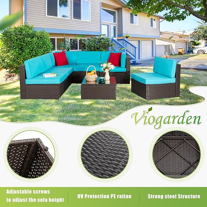 Vongrasig 7 Pieces Outdoor Patio Furniture Sets, Outdoor Sectional Rattan Sofa, PE Manual Weaving Wicker Patio Conversation Set with Cushion, Glass Table, Red Pillow (Blue)