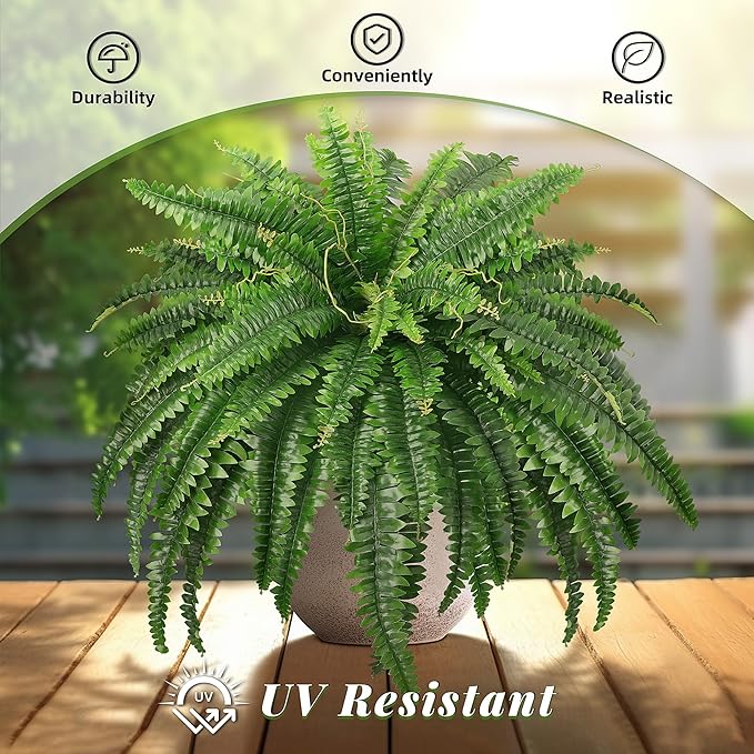 45" Fake Ferns, Realistic Large Artificial Bush Plants, 2 Artificial Boston Ferns with 59 Fronds for Outdoors Planter Indoor Home Garden Porch Decor