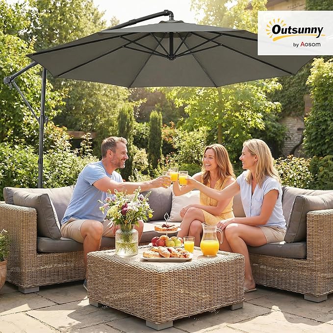 Outsunny 10 ft Offset Patio Umbrella with Cover, Round Hanging Cantilever Umbrella with 6-Position 360° Rotation, Crank Handle, Tilt, Cross Base, Heavy Duty Outdoor Umbrella for Garden