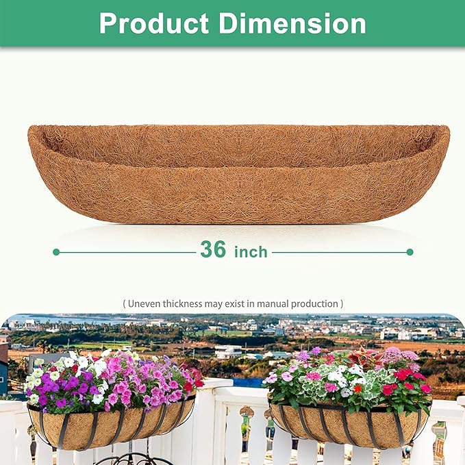 Y&M 36" Coco Liner for Window Box Deck Basket Planter Trough Coconut Fiber Liners, 2pcs Trough Coco Liner Pre-Formed Replacement
