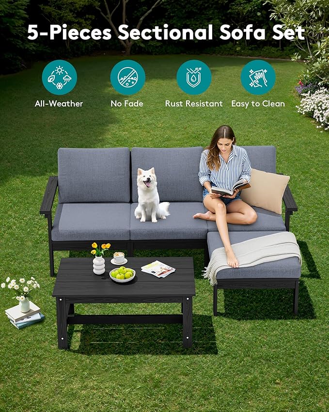 SERWALL Outdoor Sectional Sofa Set, 5-piece Outdoor Modula Couch Set with Ottoman, All Weather Patio Furniture Set with Chaise for Deck, Lawn, Black Frame with Gray Cushion