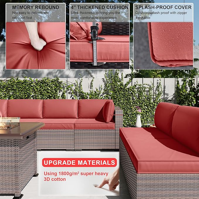 Kullavik 10 Pieces Outdoor Patio Furniture Set with 43" 55000BTU Gas Propane Fire Pit Table PE Wicker Rattan Sectional Sofa Patio Conversation Sets,Red