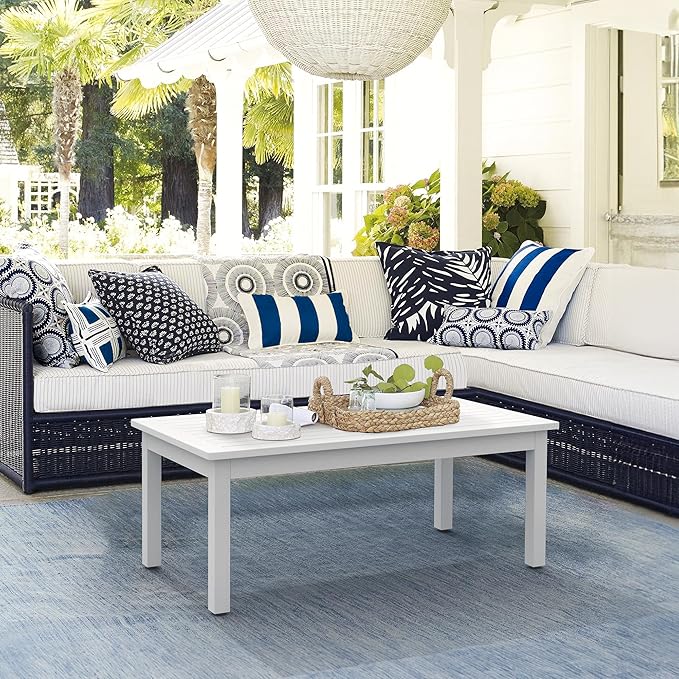 LUE BONA Outdoor Coffee Table, HDPS White Patio Coffee Tables for Outside Rectangle, Adjustable Levelling Feet/Weather Resistant, Patio Table for Deck, Pool, Balcony, Indoor or Outdoor Use