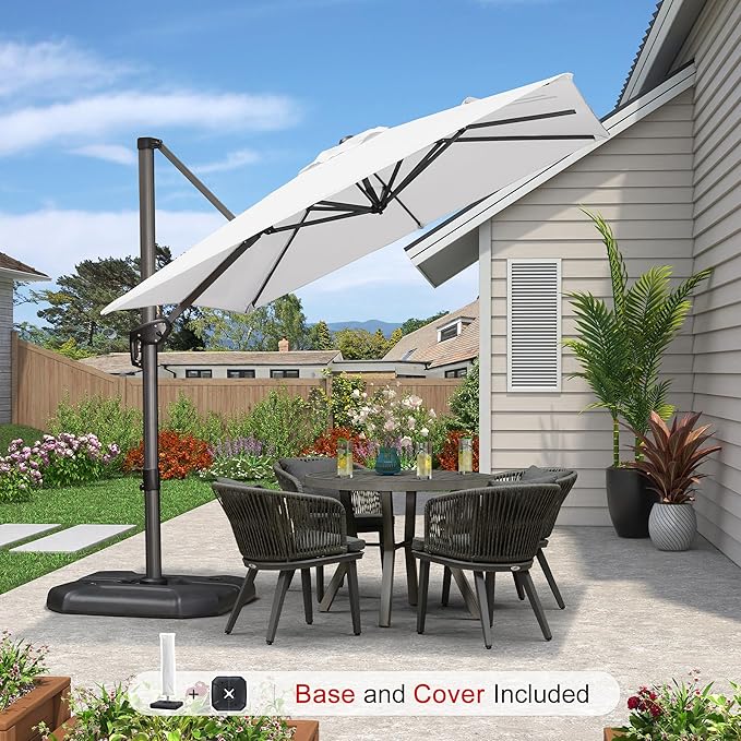 PURPLE LEAF 8'×8' Patio Cantilever Umbrella with Base Included Offset Outdoor Umbrella with cover Square umbrella outdoor patios for Backyard Pool Garden White
