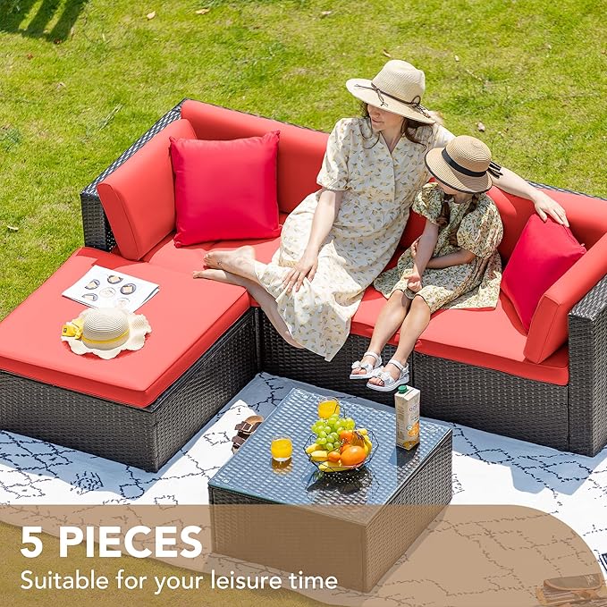 Devoko 5 Pieces Patio Furniture Sets All Weathevr Outdoor Sectional Patio Sofa Manual Weaving Wicker Rattan Patio Seating Sofas with Cushion and Glass Table (Red)