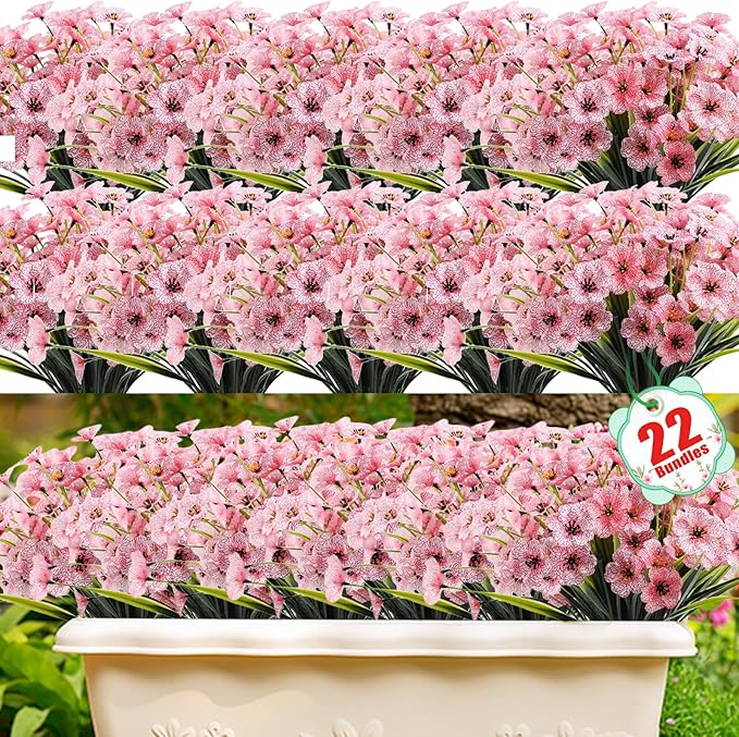 22 Pack Artificial Flowers Outdoor Fake Plants, Faux Flowers UV Resistant with Plastic Plants, Faux Silk Flowers for Outdoors Outside Front Porch Hanging Planter Window Box Garden Decoration(Pink)