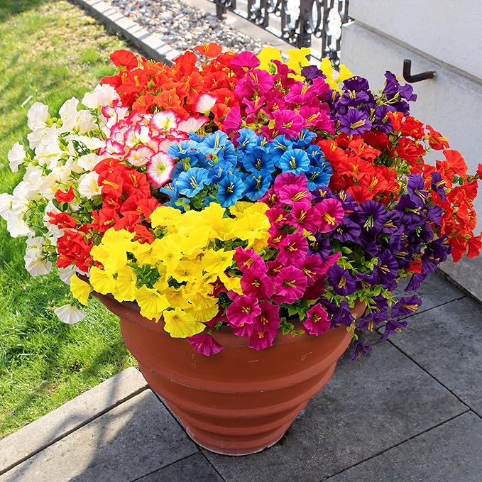 16PCS Artificial Fake Flowers for Outdoors/Indoors, Faux Silk Colorful Morning Glory with Eucalyptus, UV Resistant Realistic Floral Arrangement for Garden Porch Window Box Home Balcony Yard (8 Colors)