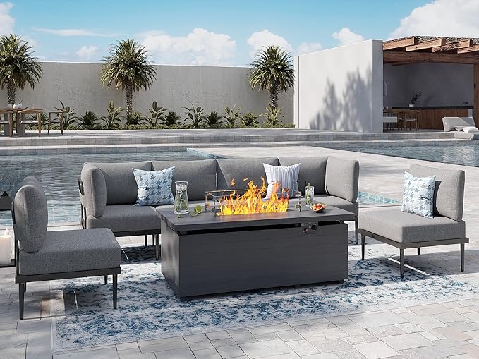 Sundale Outdoor 7 Pieces Patio Furniture Set with Fire Pit Table, L-Shaped Outdoor Sectional Sofa with 6 Inch Olefin Cushion, All-Weather Modern Metal Outdoor Conversation Sets